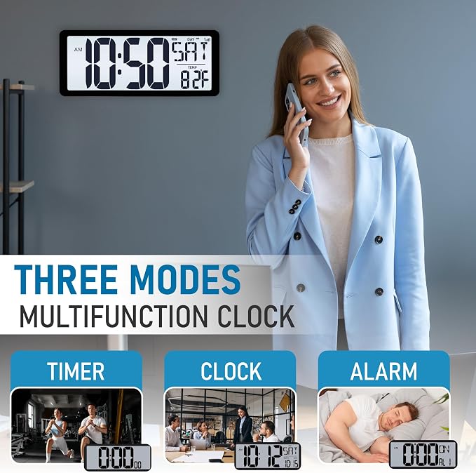 TXL Atomic Clock with Backlight, 14.2" Large Digital Wall Clock Battery Operated - Image 3
