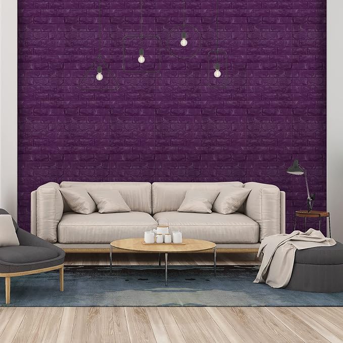 11PCS 3D Wall Panels Peel and Stick Faux Brick Wallpaper Purple Self Adhesive - Image 2