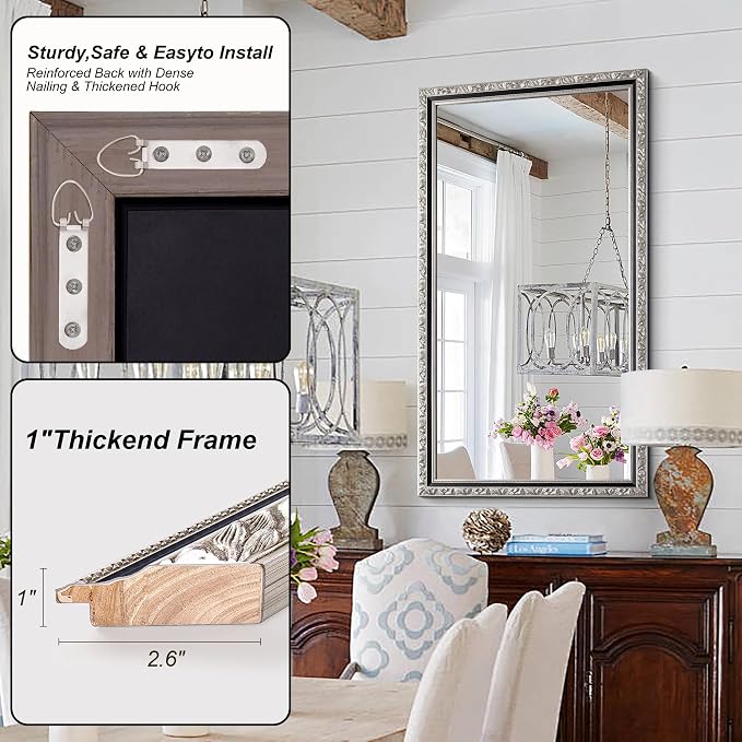 Large Antique Mirror, Rectangular Retro Vintage Silver Mirrors - Image 5