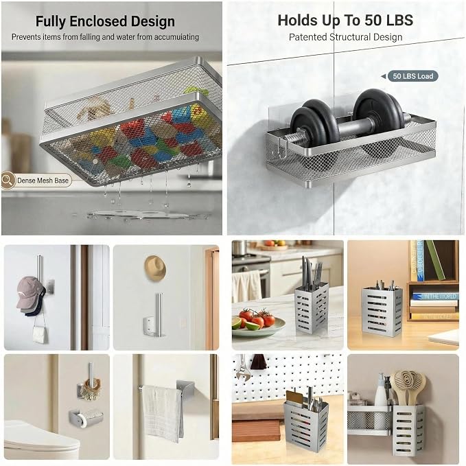 PUSDON 5-in-1 Wide Wall Mount Wrapped Mesh Kitchen Organizer & Shower Caddy Kit - Image 4