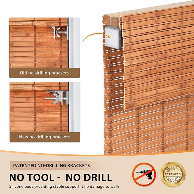 LazBlinds No Tools No Drill Cordless Bamboo Roman Shades, Custom Light - Image 3