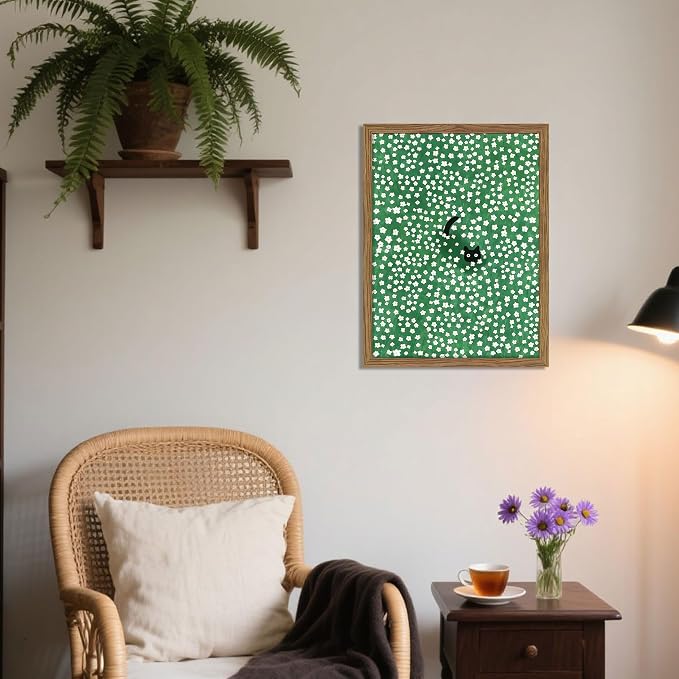 Framed Floral Black Cat Canvas Wall Art, Cute Black Cat in Daisy Field Painting - Image 4