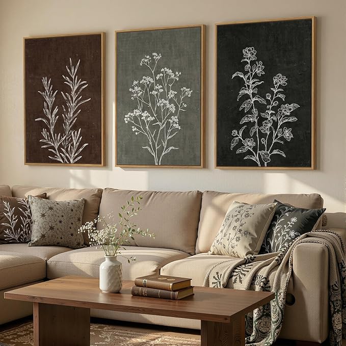 Framed Boho Botanical Wall Art for Living Room, 3 Piece Rustic Floral Canvas - Image 2