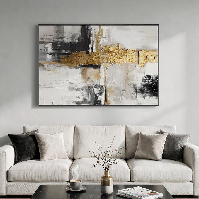 Extra Large Framed Black and White Gold Abstract Wall Art - Image 2