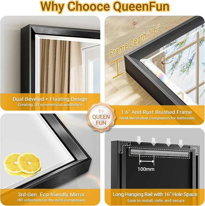 60 x 36 Black Framed Mirror for Bathroom, Beveled Black Bathroom Vanity Mirror - Image 8