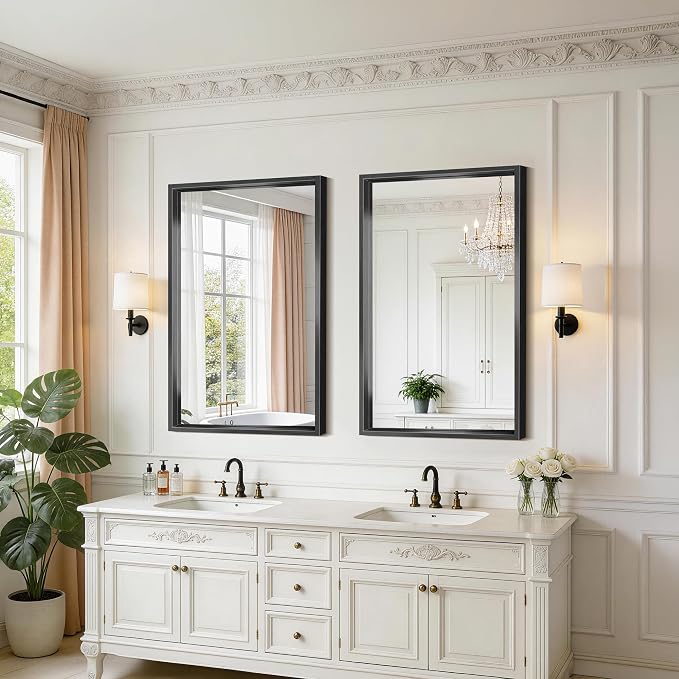 Black Framed Mirror 24"x40", Brushed Black Bathroom Mirrors - Image 3