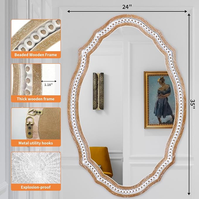24x35 Inch Wooden Oval Mirror for Bathroom Over Sink, Rustic Farmhouse - Image 8