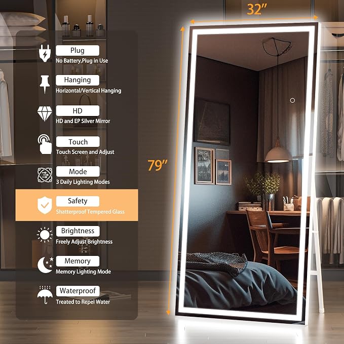Hasipu Full Length Mirror with Lights, Full Body Dressing Hanging Mounted Mirror - Image 2