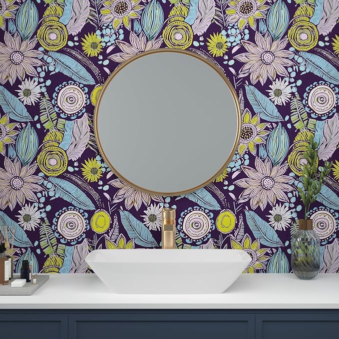 Purple Boho Wallpaper Peel and Stick, Vintage Yellow Floral Contact Paper - Image 4