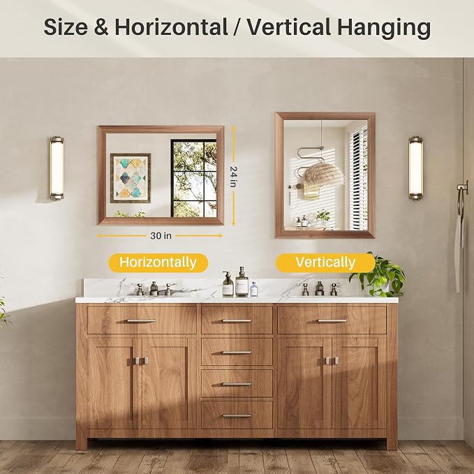 24x30 Inch Bathroom Mirror for Wall, Anti-Rust Walnut Wood Grain Metal Framed - Image 7