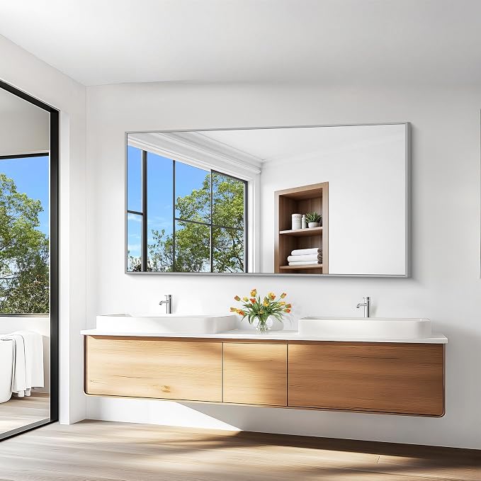 KOCUUY Silver Bathroom Mirror, HD Tempered Glass, Anti-Rust Brushed Silver Frame - Image 8
