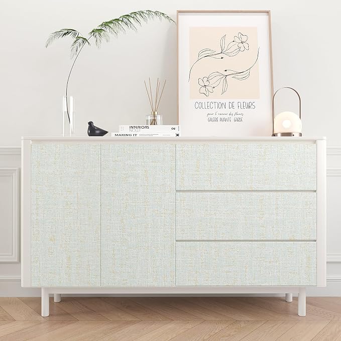 VEELIKE Pale Green Gold Grasscloth Wallpaper Textured Faux Grasscloth Peel and - Image 5