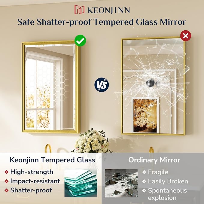 Keonjinn 16" x 24" Gold Bathroom Mirrors, Brushed Gold Framed Mirror, Beveled - Image 6