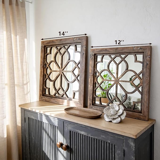 Set of 2 14 Inch Square Redbrown Window Pane Wall Mirrors, Shatterproof Rustic - Image 5