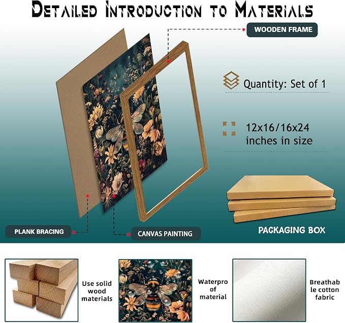 Vintage Framed Wall Art Bee Canvas Prints, Dark College Animals Flowers Wall - Image 5