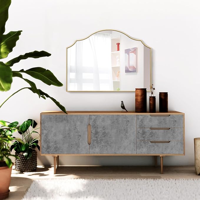 Besdomus Gold Scalloped Mirror for Dresser: 35"x26" Modern Wooden Mantel Mirror - Image 9
