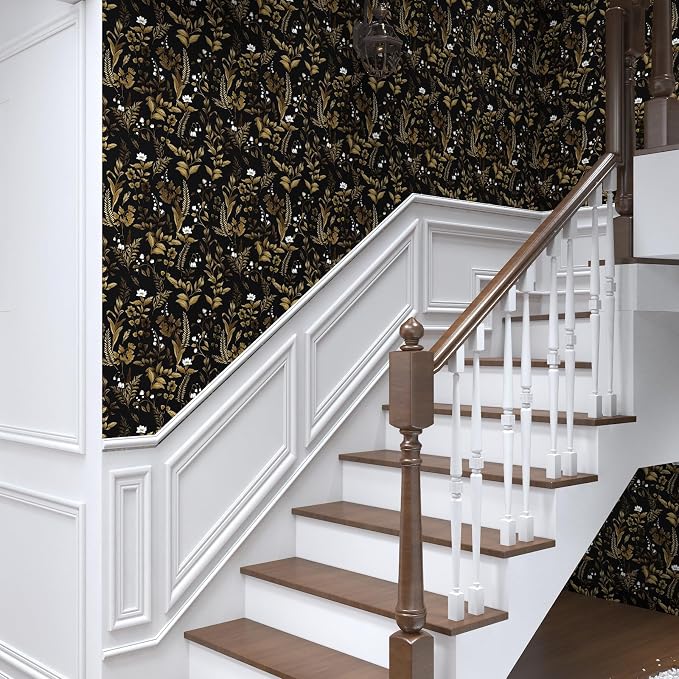 Dark Floral Peel and Stick Wallpaper, Vintage Leaf Pattern Black Gold Self - Image 8