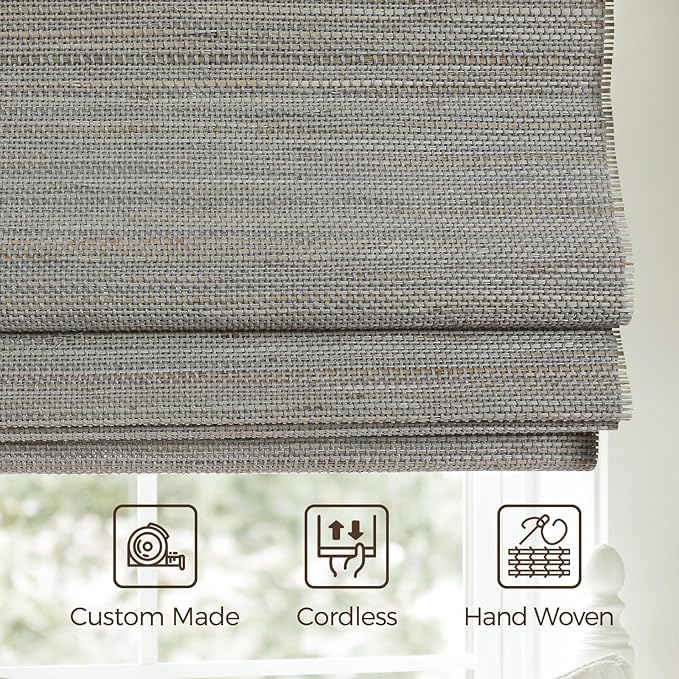 TWOPAGES Natural Woven No Drill Roman Shades, Custom Cordless Blackout Bamboo - Image 2