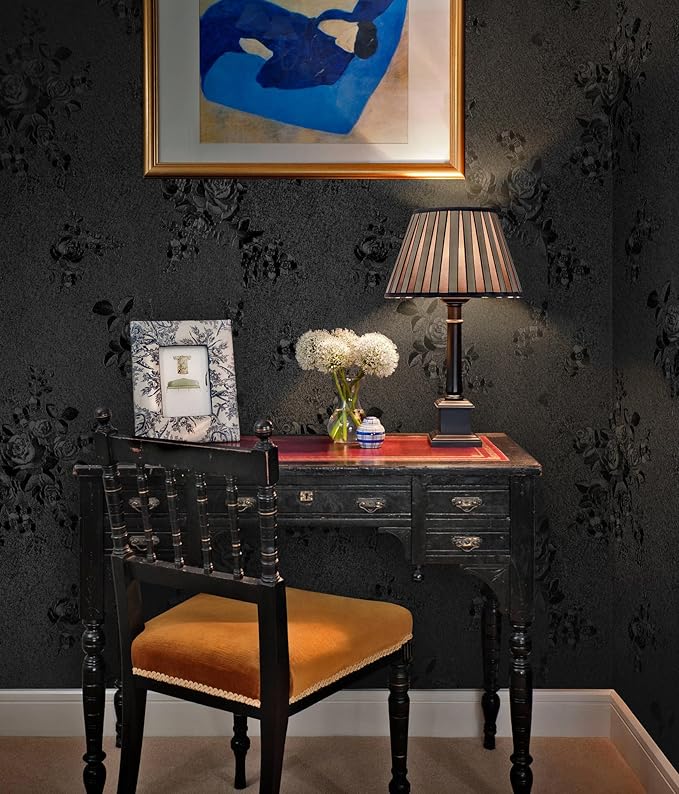Erfoni Black Peel and Stick Wallpaper Black Floral Embossed Contact Paper - Image 3