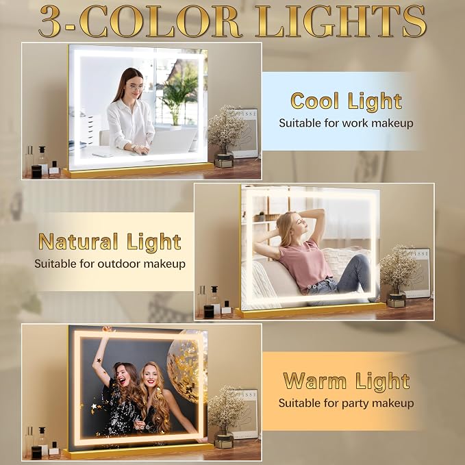 ROLOVE Gold Vanity Mirror with Lights 23x18 Inch, 3-Color Dimmable LED & Touch - Image 3