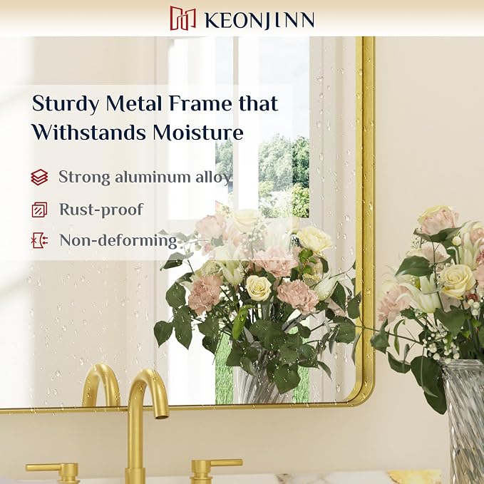Keonjinn Gold Bathroom Mirrors for Wall 42” x 20” Large Rounded Rectangle Gold - Image 7