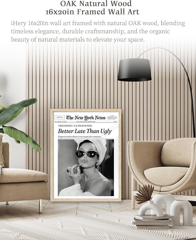 iHery Better Late Than Ugly Natural OAK Wood Audrey Hepburn Newspaper Trendy - Image 2