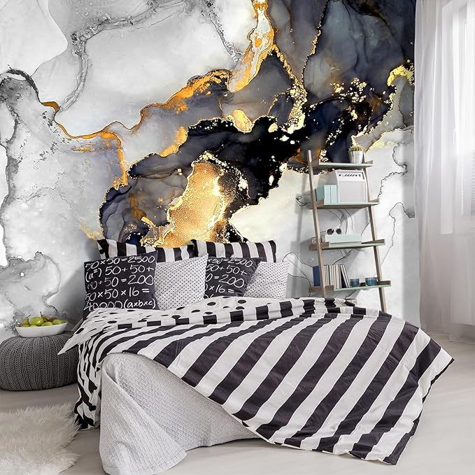 -Grey and White Marbled Fabric Wallpaper Living Room Abstraction Art Bedroom by YIHWM-PurchaseNow