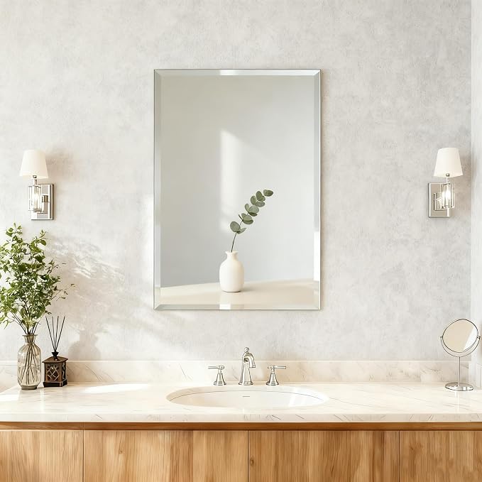 Beveled Bathroom Mirror for Wall, Rectangle Frameless Wall Mirror 24" x 16" by BOMINICA