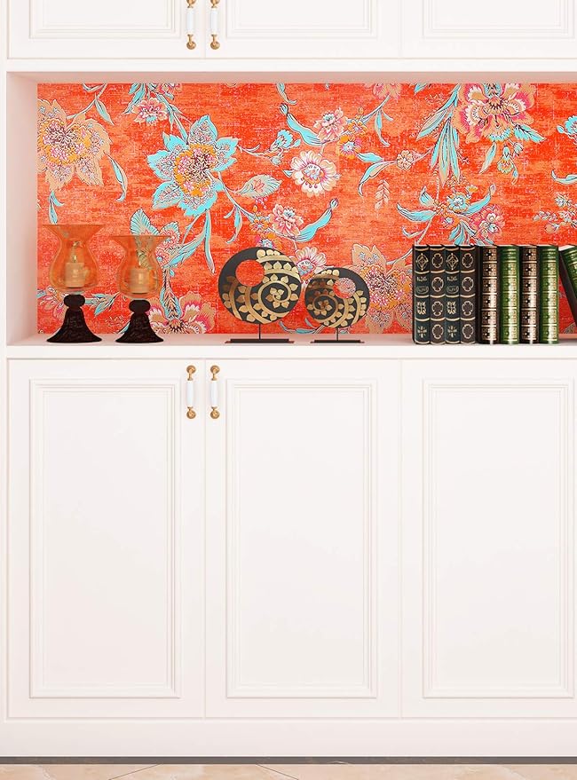 FunStick 17.5"x118" Vintage Floral Peel and Stick Wallpaper Orange Red Wall - Image 4