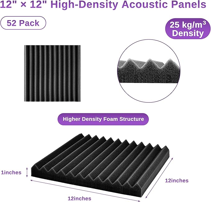 52 Pack Acoustic Foam Panels 1" x 12" x 12"Acoustic Wedge Studio Foam Sound - Image 2