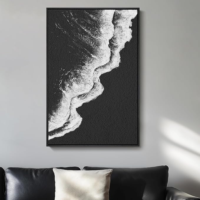 Framed Black and White Abstract Beach Canvas Wall Art, Modern Minimalist Art by Cuspin