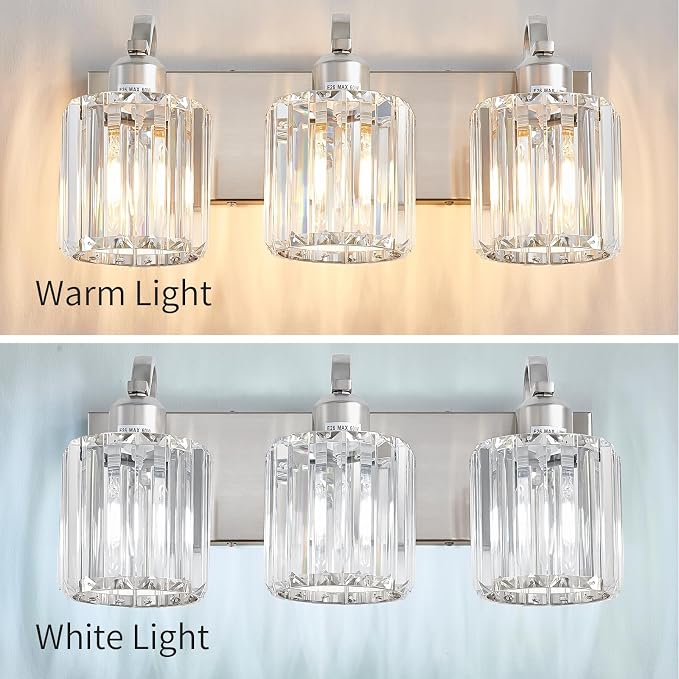 Modern Vanity Light 3-Lights Brushed Nickel Vanity Light Crystal Bathroom Wall - Image 4
