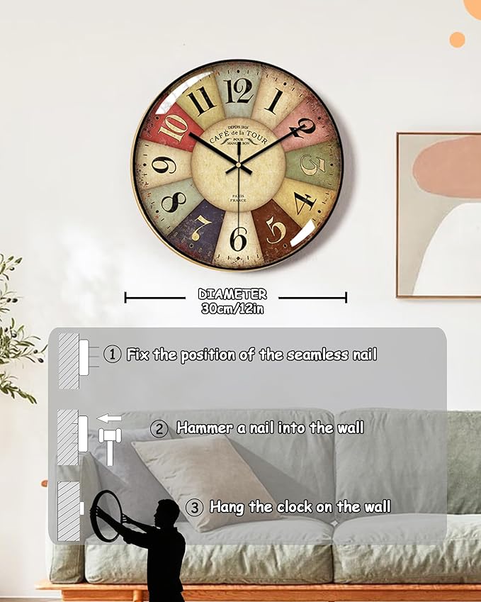 Vintage Wall Clock-12 Retro Rustic Style Quartz Clock, Silent Non-Ticking - Image 5
