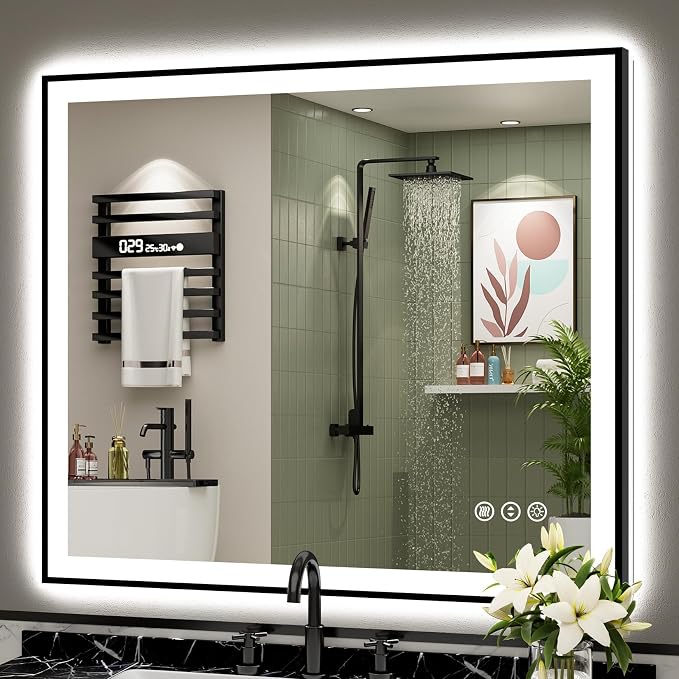 40x38 Black Framed LED Bathroom Mirror by Awandee