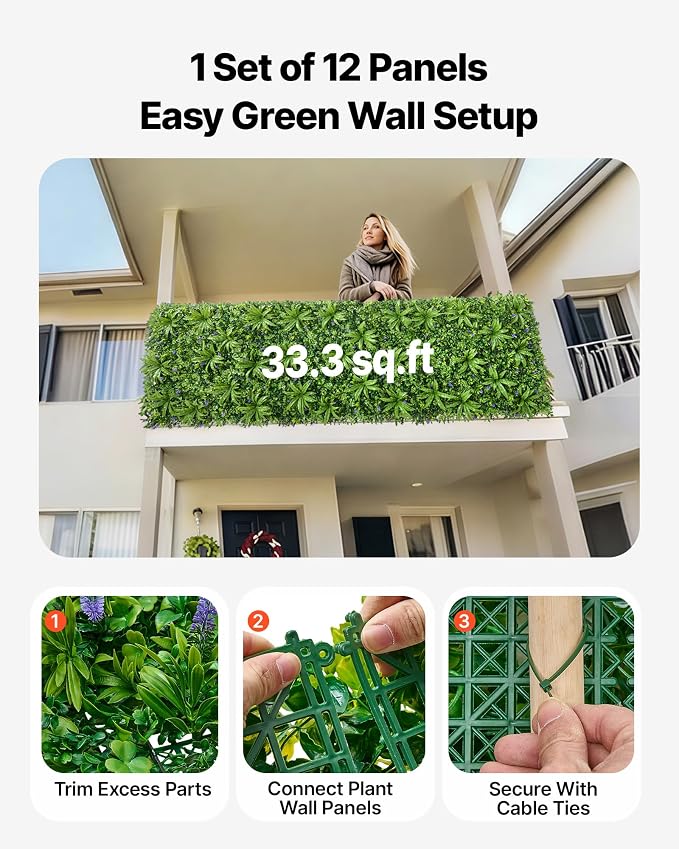 VEVOR Artificial Plant Wall, 40 x 120 in Artificial Boxwood Panels, Sun - Image 4
