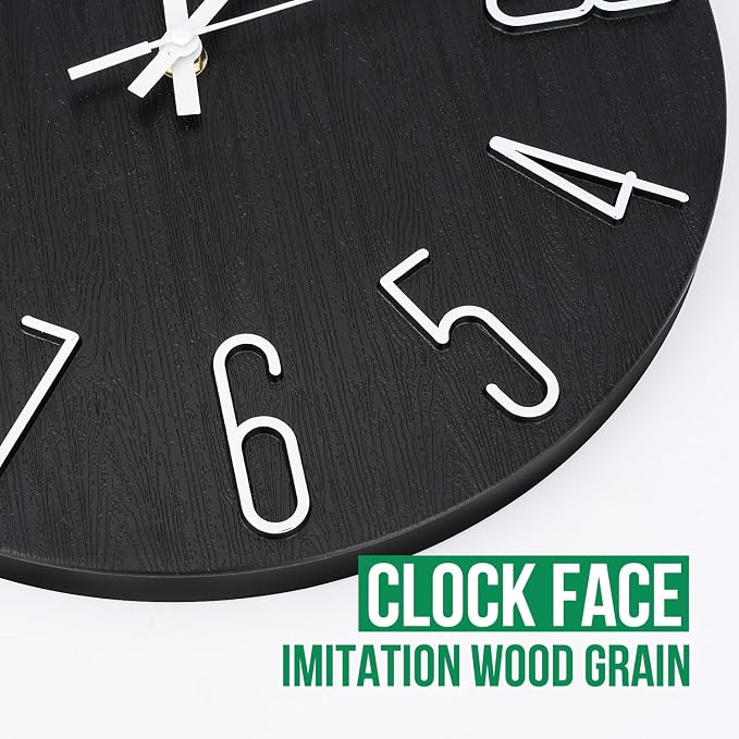 Wall Clock 12 Inch Silent Non-Ticking Imitation Wood Indoor Clock Round Black - Image 5
