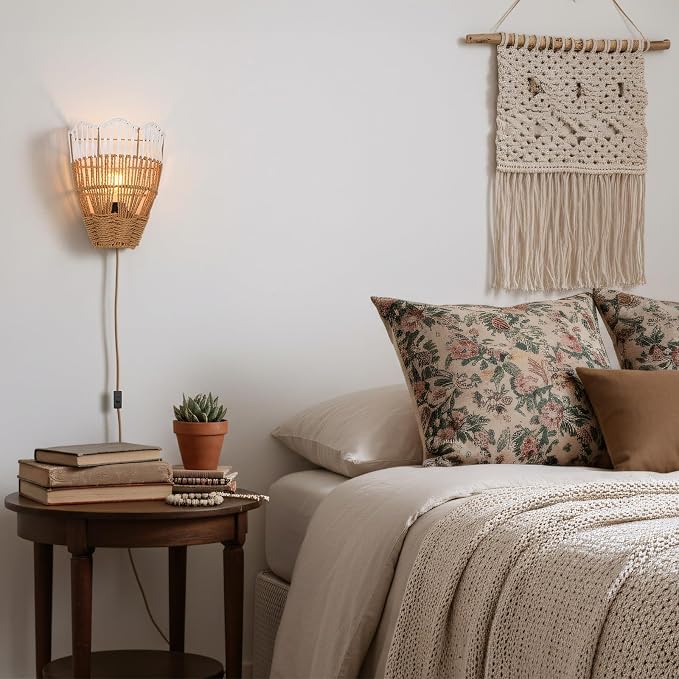Plug-in Boho Wall Sconces Set of 2, Handwoven Rattan Wall Lights - Image 3