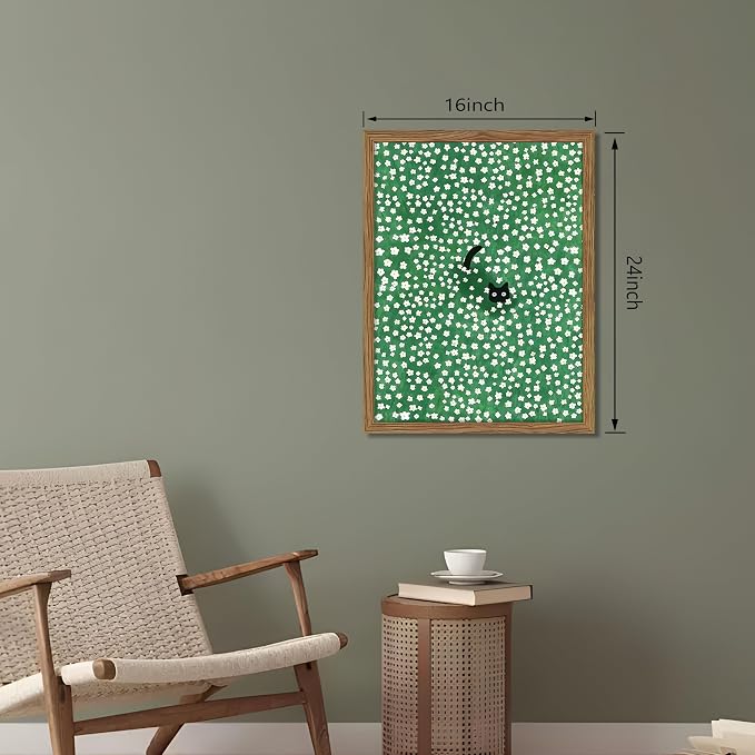 Framed Floral Black Cat Canvas Wall Art, Cute Black Cat in Daisy Field Painting - Image 3