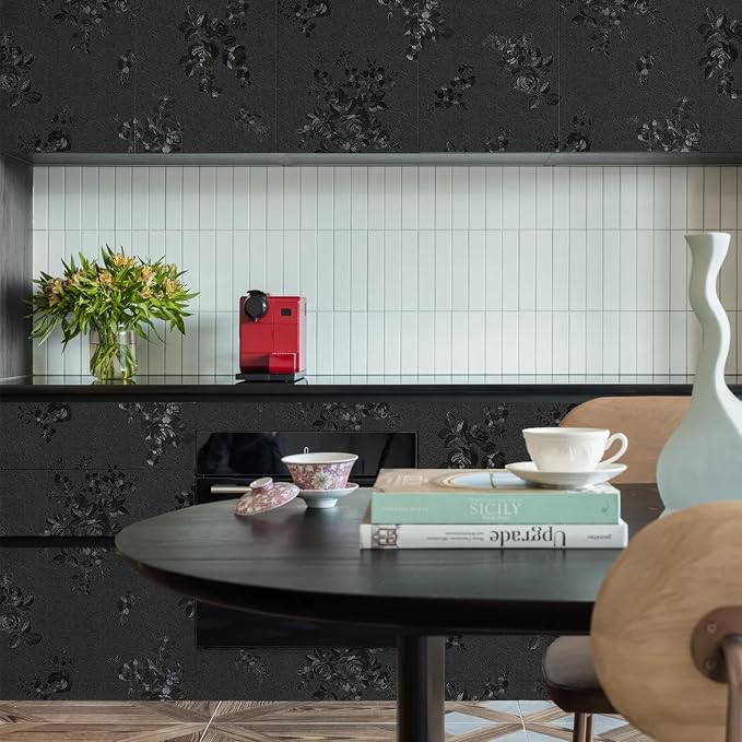 Black Peel and Stick Wallpaper Silk Embossed Floral Contact Paper - Image 2