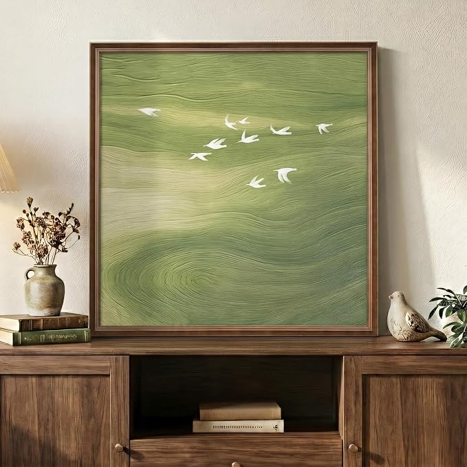 Vintage Framed Green Abstract Wall Art, Modern Minimalist Sage Green Canvas by Cuspin