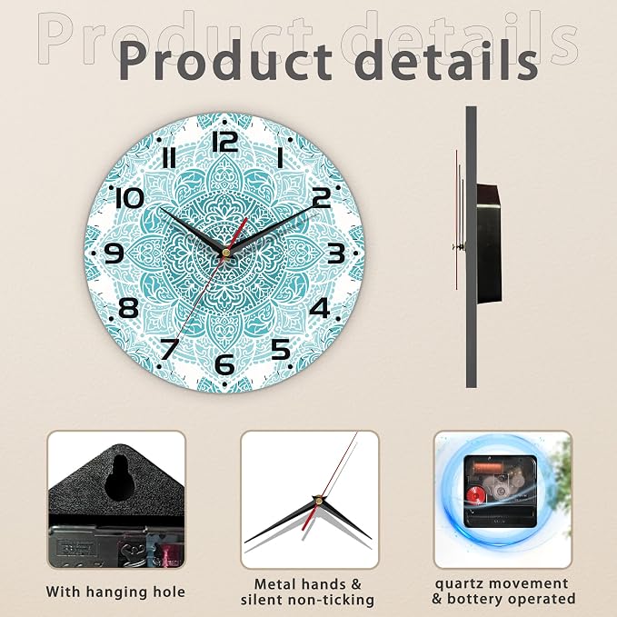 Teal Mandala Flower Wall Clock, Silent Non-Ticking, Battery Operated, Wooden - Image 3