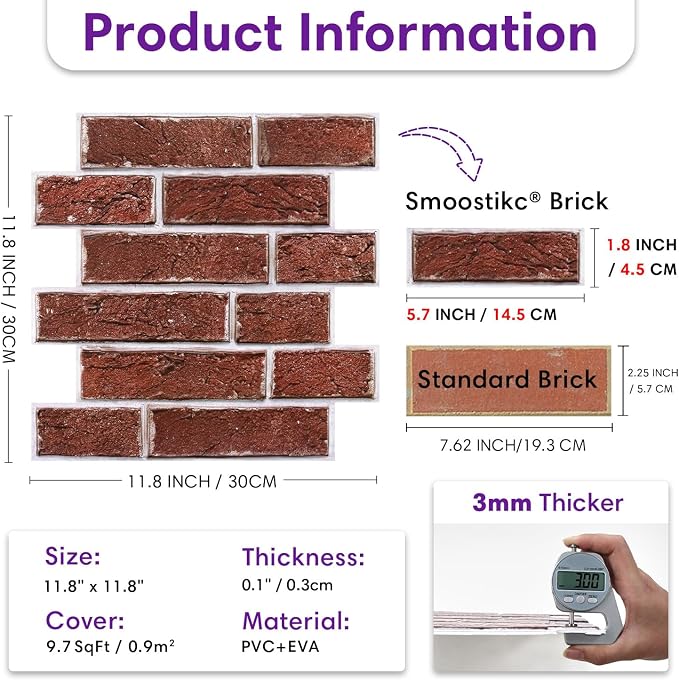3D Peel and Stick Faux Brick Wall Panels 11.8" x 11.8" 10-Pack, Small - Image 3