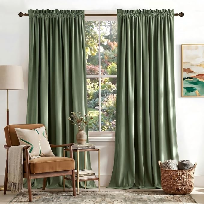 NICETOWN Sage Green Velvet Curtains 90 inches Long 2 Panels, Semi Room by NICETOWN