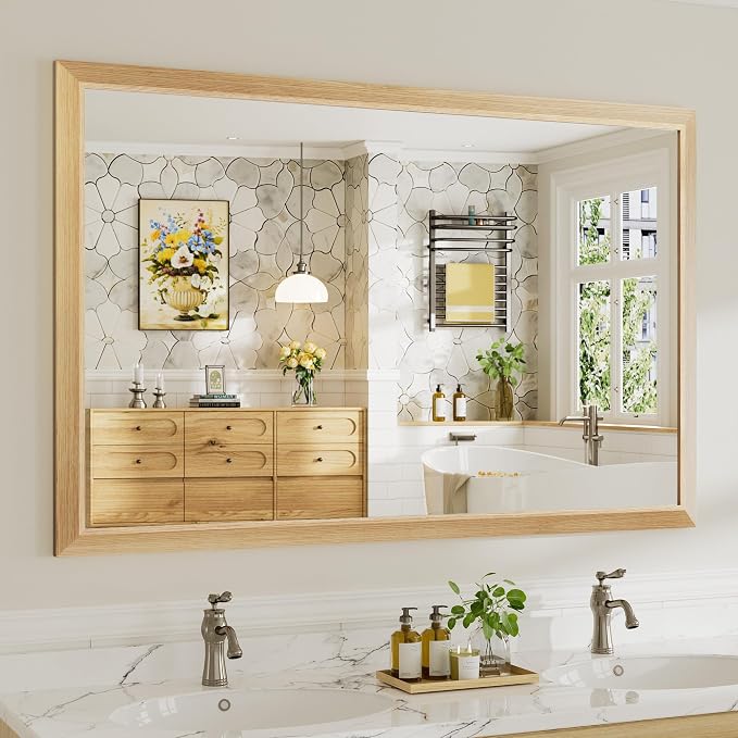 55x36 Inch Bathroom Mirror for Wall, Anti-Rust Oak Wood Grain Metal Framed by Briivuemodernmirrors