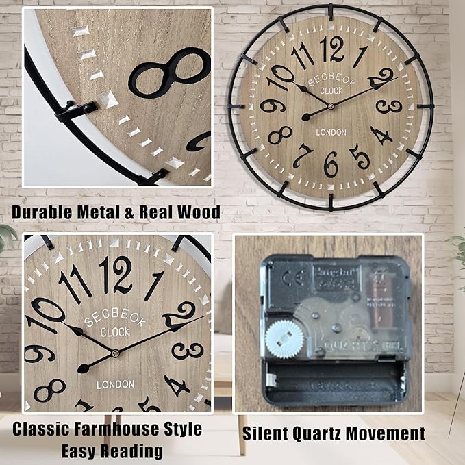24 Inch Large Farmhouse Wall Clock, Metal Rustic Wood - Image 4