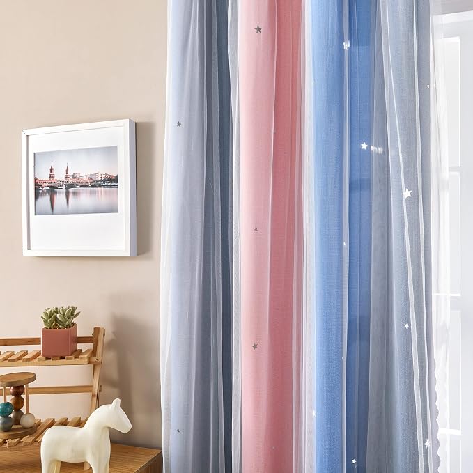 XiDi Curtains for Bedroom Decor, Rainbow PinkGreyBlue-52-45 - Image 3