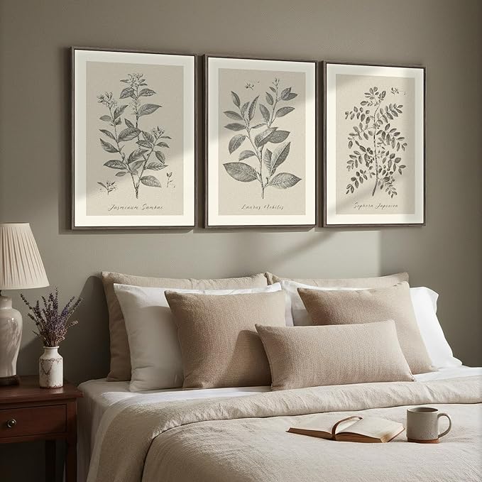 Framed Vintage Botanical Wall Art, 3 Piece Neutral Floral Plants Canvas - Image 2