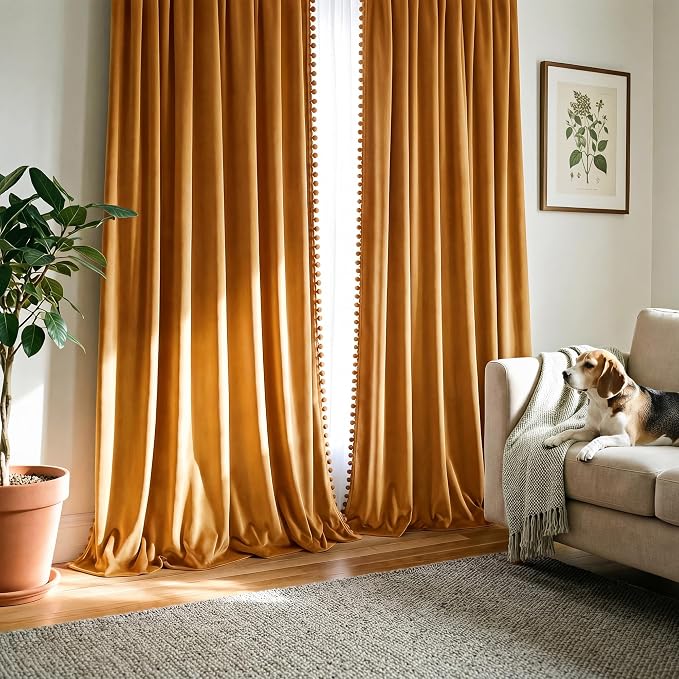 NICETOWN Mustard Gold Pom Pom Velvet Curtains 8 ft Long - Image 7