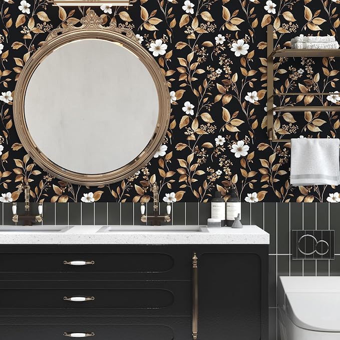 Vintage Black Peel and Stick Wallpaper – Black and Gold Floral Leaf Design Dark - Image 2