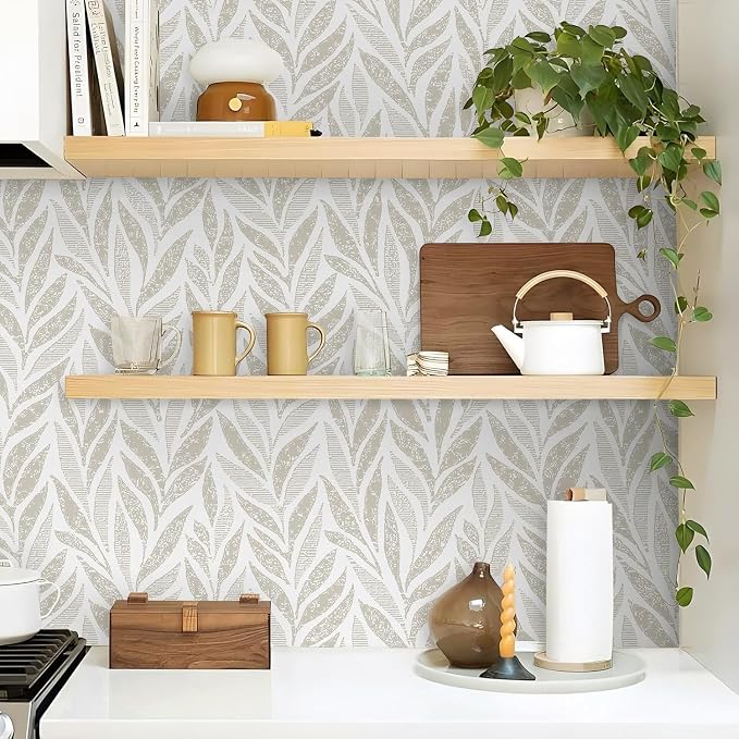 Safiyya 787"x17.3" Boho Peel and Stick Wallpaper Beige and White Wallpaper Leaf - Image 5